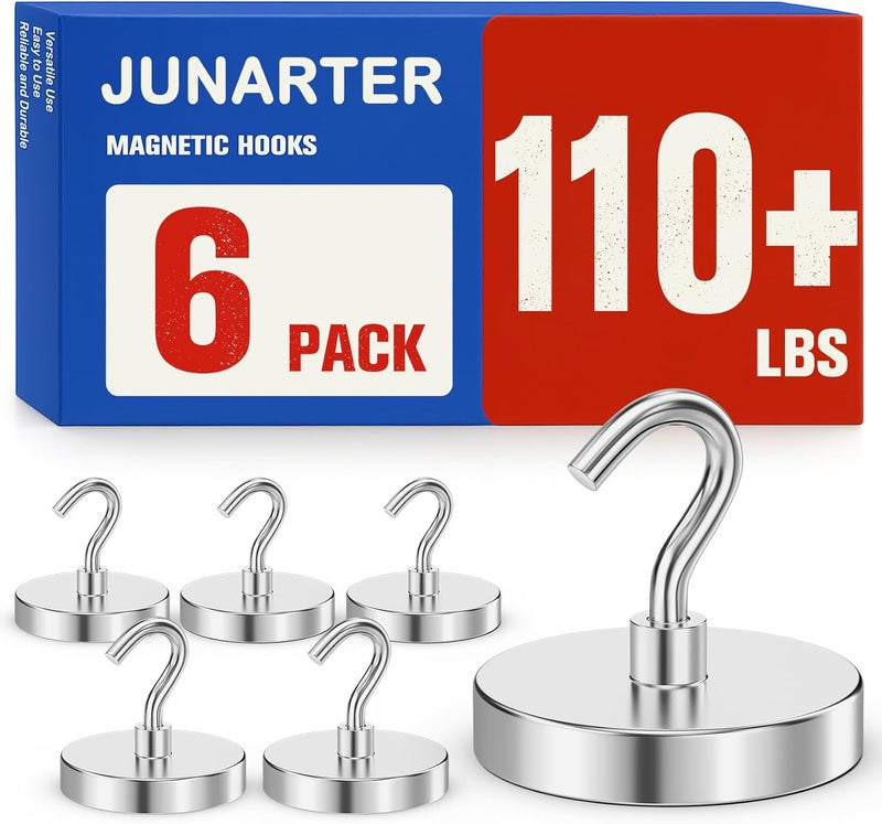 Junarter 6Pack Strong Magnetic Hooks, 110lbs Magnet Hooks Heavy Duty, Metal Magnetic Hooks for Cruise Cabins, Magnet with Hooks, Magnetic Hook for Hanging, Refrigerator, Garage, Outdoor - Image 1